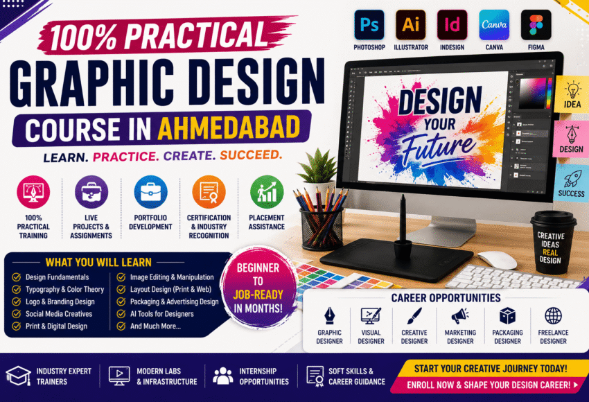 100% Practical Graphic Design Course in Ahmedabad | Skills, Software, Live Projects & Career Opportunities (2026)
