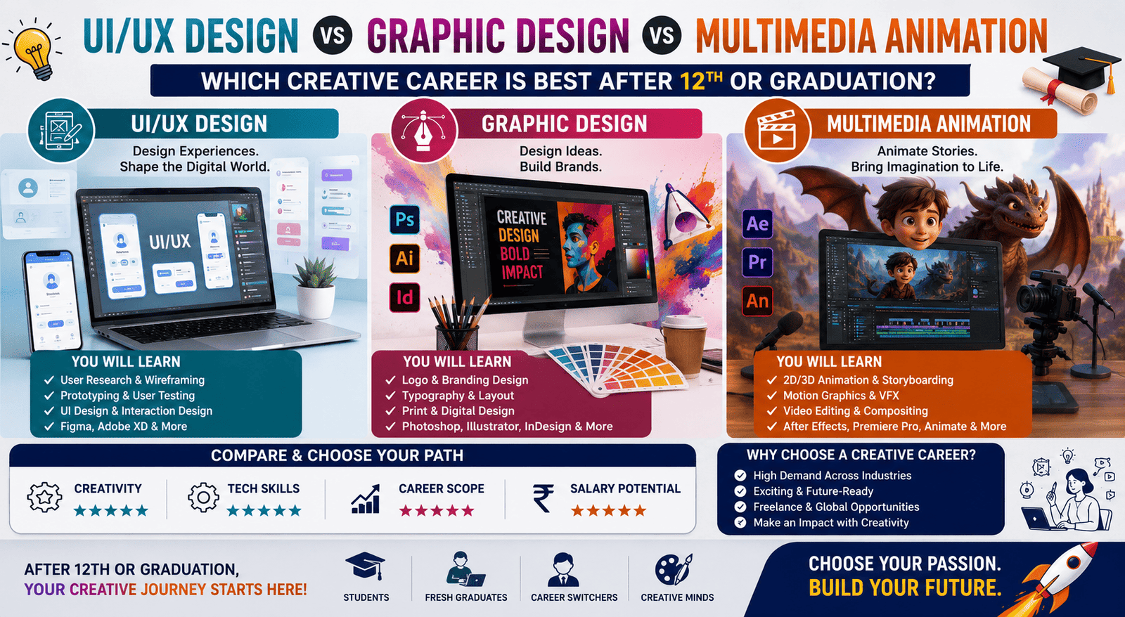 UI/UX Design vs Graphic Design vs Multimedia Animation: Which Creative Career is Best After 12th or Graduation? (2026 Guide)