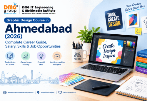 # Graphic Design Course in Ahmedabad (2026): Complete Career Guide, Salary, Skills & Job Opportunities ## Introduction Graphic design has become one of the most valuable creative skills in today's digital-first world. Businesses need professional visual content for websites, social media, advertisements, branding, packaging, presentations, mobile applications and online campaigns. As businesses increasingly depend on digital marketing, the demand for skilled graphic designers continues to create career opportunities for students, freshers, freelancers and working professionals. For students looking to build a creative career, a **Graphic Design Course in Ahmedabad** can provide a structured way to learn design principles, industry-standard software, digital design techniques and emerging AI-powered tools. Ahmedabad is one of the major commercial and educational cities **in Gujarat**, with businesses ranging from startups and advertising agencies to manufacturing companies, e-commerce brands, educational organizations and digital marketing agencies. This creates opportunities for graphic designers with strong creative and technical skills. This complete 2026 guide explains what you can learn in a graphic design course, career opportunities, salary expectations, essential skills, AI in graphic design, online and classroom learning options, and how to choose the right institute. --- ## What Is a Graphic Design Course? A graphic design course is a professional training program that teaches students how to communicate ideas, information and messages through visual content. It combines creativity with practical design skills. Students learn how to work with elements such as: * Typography * Colors * Images * Illustrations * Shapes * Layouts * Icons * Branding elements * Digital graphics A comprehensive course should not focus only on software. Understanding **design principles and visual communication** is equally important. Depending on the program, students may learn software such as Adobe Photoshop, Adobe Illustrator, Adobe InDesign, Canva and Figma, along with AI-powered creative tools. A modern **Graphic Design Training** program may also include practical assignments, branding projects, social media creatives, advertising designs, portfolio development and real-world design exercises. --- # Why Learn Graphic Design in Ahmedabad in 2026? The digital economy has changed how companies communicate with customers. A business may need dozens of visual assets every month, including Instagram posts, advertisements, website banners, brochures, product graphics, presentations and promotional campaigns. Ahmedabad has a diverse business environment that includes: * Startups * Digital marketing agencies * Advertising agencies * E-commerce businesses * IT companies * Educational institutions * Manufacturing companies * Real-estate businesses * Retail brands * Media organizations All of these industries can require visual communication. This makes **Graphic Design in Ahmedabad** a potential career choice for people who enjoy creativity and want to combine artistic thinking with technology. Another advantage is that graphic design is not limited to local employment. After developing a strong portfolio, designers can explore freelance projects, remote employment and clients from other cities or countries. --- # What Do You Learn in a Graphic Design Course? Before choosing a **Graphic Design School**, students should carefully examine the syllabus. A good course should provide a combination of design theory, software skills, practical assignments and portfolio development. ## 1. Design Fundamentals Design fundamentals are the foundation of professional graphic design. Students learn concepts such as: * Balance * Contrast * Alignment * Proximity * Repetition * Hierarchy * Composition * White space * Visual consistency These principles help designers create content that is attractive, organized and easy to understand. ## 2. Typography Typography is the art of arranging and presenting text. Students learn: * Font selection * Font pairing * Text hierarchy * Spacing * Readability * Alignment * Typography for branding Good typography can significantly improve the professionalism of a design. ## 3. Color Theory Color is an important part of visual communication. Students learn about: * Color combinations * Color harmony * Contrast * Brand colors * Color psychology * Digital and print color considerations Understanding color helps designers create consistent and visually effective designs. ## 4. Adobe Photoshop Photoshop is widely used for image editing and digital design. Students may learn: * Photo retouching * Image manipulation * Background removal * Compositing * Advertising creatives * Social media graphics * Digital artwork ## 5. Adobe Illustrator Illustrator is particularly useful for vector-based design. Students can learn to create: * Logos * Icons * Illustrations * Brand elements * Packaging graphics * Marketing artwork ## 6. Adobe InDesign InDesign is useful for multi-page and publication-based design. It can be used for: * Brochures * Magazines * Catalogues * Reports * Books * Corporate documents ## 7. Social Media Design Social media has created an enormous requirement for digital graphics. A practical course may teach students how to design: * Instagram posts * Instagram carousels * Facebook creatives * LinkedIn graphics * YouTube thumbnails * Digital advertisements * Promotional banners ## 8. Branding and Logo Design Branding is another important area of graphic design. Students can learn how to develop: * Logos * Color palettes * Typography systems * Brand guidelines * Business cards * Social media branding * Marketing materials --- # Graphic Design with AI Course: A New Skill for 2026 Artificial intelligence is becoming an important part of the creative industry. Designers can use AI to speed up certain parts of the creative process, generate ideas, create variations and assist with image editing. A **Graphic Design with AI Course** may introduce students to: * AI image generation * Generative editing * Background generation * Image enhancement * Creative ideation * AI-assisted layouts * Content variations * Automated design workflows * AI-assisted presentations * Prompt writing for creative tasks However, learning AI does not eliminate the need for fundamental design knowledge. A designer still needs to understand typography, composition, branding, color, audience, communication and visual hierarchy. The most useful combination for a modern designer is: **Design Fundamentals + Professional Software + Creativity + AI Skills + Portfolio** Students who understand how to use AI responsibly while maintaining human creative direction can potentially improve their productivity and adapt more easily to changing workflows. --- # How to Choose the Best Graphic Design Course in Ahmedabad There are many options available when searching for the **Best Graphic Design Course in Ahmedabad**. However, the most popular course is not automatically the right course for every student. Before enrolling, compare these factors. ## 1. Course Curriculum Check whether the syllabus includes both fundamentals and practical skills. A strong curriculum should cover more than basic software operation. ## 2. Practical Training Graphic design is a skill-based field. Watching tutorials is not enough. Students should get opportunities to create actual projects. For example: * Logo design * Poster design * Social media campaign * Brochure * Brand identity * Advertisement * Packaging concept * Digital banner * Portfolio project ## 3. Trainer Experience Look for trainers who understand real-world design requirements and can explain the reasoning behind design decisions. ## 4. Portfolio Development A certificate shows that you completed a course, but your portfolio demonstrates what you can actually do. Choose a program that provides enough practical work to develop a professional portfolio. ## 5. AI Integration In 2026, students should consider whether the course includes modern AI-assisted creative workflows. This is especially relevant for students interested in digital marketing, social media design and content creation. ## 6. Learning Mode Check whether the institute offers: * Classroom training * Online training * Hybrid training * Weekend batches * Flexible schedules The best option depends on your availability and preferred learning style. ## 7. Career Support If your objective is employment, check whether the institute provides services such as: * Resume guidance * Portfolio reviews * Interview preparation * Internship assistance * Job placement support * Career counselling Avoid selecting an institute solely because of a claim such as "100% placement." Instead, ask for clear information about the type of career support provided. --- # Top Graphic Design Institute in Ahmedabad: What Should You Look For? When searching for the **Top Graphic Design Institute in Ahmedabad**, students should compare institutes based on measurable factors rather than advertisements alone. Here is a useful comparison checklist: | Factor | What to Check | | -------------- | ----------------------------------------- | | Curriculum | Design fundamentals + practical software | | Projects | Real-world design assignments | | Faculty | Relevant industry and teaching experience | | Portfolio | Quality of student work | | AI | AI-assisted creative workflows | | Mode | Online, classroom or hybrid | | Duration | Suitable for your career objective | | Certification | Certificate details and recognition | | Career Support | Internship/job assistance | | Batch Timing | Compatible with your schedule | | Fees | Total cost and inclusions | This approach makes it easier to create your own **List of Graphic Design Institute** options and compare them objectively. --- # Graphic Design College vs Graphic Design Institute vs Graphic Design School Students often use terms such as **Graphic Design College**, **Graphic Design Institute** and **Graphic Design School** when searching for courses. Although the names may sound similar, the learning experience can be different. ### Graphic Design College A college or university program may offer a broader academic education. It can include design theory, communication, history and other related subjects. ### Graphic Design Institute A private institute may focus more on practical software skills and job-oriented training. ### Graphic Design School A design school may emphasize creative thinking, visual communication, design concepts and portfolio development. There is no single option that is best for everyone. Students should compare the **curriculum, faculty, practical projects, portfolio, duration, fees and career support** before making a decision. --- # Online Graphic Design Course vs Classroom Training One of the most common decisions students make is whether to join an **Online Graphic Design Course** or attend classroom training. ## Online Graphic Design Course Online learning can be suitable for: * Working professionals * Students with busy schedules * People living outside Ahmedabad * Freelancers * Learners who prefer flexible study Advantages may include: * Flexible learning * Learning from home * Recorded lessons in some programs * No daily travel * Ability to learn at a convenient pace The main challenge is maintaining consistency and getting adequate feedback. ## Classroom Graphic Design Training Classroom training can be useful for students who prefer: * Direct interaction with trainers * Immediate feedback * Structured classes * Practical demonstrations * Peer interaction * Regular assignments ### Which Is Better? There is no universal answer. If flexibility is your priority, online learning may be appropriate. If you are a beginner who wants direct guidance, classroom learning may be more comfortable. Some institutes provide **Online & Classroom** options, allowing students to choose a format based on their requirements. --- # Career Opportunities After Graphic Design Training A graphic design course can prepare students for several career paths. ## Graphic Designer Graphic designers create visual materials for companies, brands, agencies and organizations. ## Brand Designer Brand designers work on logos, visual identity systems, brand guidelines and marketing materials. ## Social Media Designer Social media designers create visual content for digital campaigns and social platforms. ## Advertising Designer Advertising designers develop creative visuals for marketing and promotional campaigns. ## Packaging Designer Packaging designers create the visual presentation of products and packaging materials. ## Illustrator Illustrators create custom artwork for digital and traditional applications. ## UI Designer Students interested in digital products can move toward UI design by learning interface design and tools such as Figma. ## Motion Graphics Designer Graphic designers can expand their skills into animation and motion graphics. ## Freelance Graphic Designer Freelancing provides an opportunity to work directly with businesses, agencies and individual clients. --- # Graphic Designer Salary in Ahmedabad in 2026 Graphic designer salaries vary based on experience, portfolio, specialization, employer, industry and technical skills. As a general career-planning reference, entry-level designers may start around the lower end of the market, while experienced designers and specialists can earn considerably more. An illustrative range may look like: | Experience | Indicative Monthly Salary | | ----------------- | ------------------------: | | Fresher | ₹15,000 – ₹30,000 | | 1–3 Years | ₹25,000 – ₹45,000 | | 3–5 Years | ₹40,000 – ₹70,000+ | | Senior/Specialist | ₹60,000 – ₹1,00,000+ | **Important:** These figures are indicative rather than guaranteed salaries. Actual compensation can differ significantly depending on the employer, portfolio, specialization, experience and location. Freelancers have a different earning structure because income depends on the number and value of projects, client relationships, specialization and business skills. --- # Skills Required to Become a Successful Graphic Designer Completing a course is only the beginning. Designers need several skills to build a long-term career. ### Creativity You should be able to develop multiple visual ideas for a communication problem. ### Visual Communication A good design should communicate a message clearly rather than simply look attractive. ### Typography Strong typography skills help create readable and professional designs. ### Color Knowledge Understanding color relationships helps create better visual systems. ### Software Skills You should become comfortable with the tools required for your chosen specialization. ### Attention to Detail Spacing, alignment, proportions, image quality and typography all matter. ### Communication Designers regularly communicate with clients, marketing teams and other professionals. ### Time Management Professional projects often involve deadlines and multiple revisions. ### Adaptability Design trends and technologies change quickly. Continuous learning is therefore important. --- # How to Build a Graphic Design Portfolio A portfolio is one of the most important career assets for a beginner. Instead of creating random designs, develop projects that demonstrate different skills. A beginner portfolio can include: 1. Logo design 2. Brand identity 3. Social media campaign 4. Poster 5. Brochure 6. Packaging concept 7. Digital advertisement 8. YouTube thumbnail 9. Website/UI concept 10. AI-assisted design project For every project, explain: * The design objective * Target audience * Creative concept * Tools used * Design decisions * Final outcome This makes your portfolio more professional and helps employers understand your thinking process. --- # Who Should Join a Graphic Design Course? A graphic design course can be suitable for: * 12th-pass students * College students * Fresh graduates * Job seekers * Working professionals * Digital marketers * Social media managers * Content creators * Entrepreneurs * Freelancers * Small-business owners You do not need to be an expert artist to start learning graphic design. However, you should be willing to practice regularly and develop your visual thinking. --- # Career Roadmap for Graphic Design Students in 2026 A beginner can follow this simple roadmap: **Step 1: Learn design fundamentals** Understand typography, color, composition and visual hierarchy. ↓ **Step 2: Learn design software** Develop practical skills in relevant professional tools. ↓ **Step 3: Practice regularly** Recreate design concepts and experiment with your own ideas. ↓ **Step 4: Complete practical projects** Create branding, advertising, social media and digital design projects. ↓ **Step 5: Learn AI-assisted design** Understand how AI can support ideation, editing and creative workflows. ↓ **Step 6: Build your portfolio** Show your strongest projects with explanations. ↓ **Step 7: Gain experience** Apply for internships, entry-level jobs or freelance projects. ↓ **Step 8: Choose a specialization** Consider branding, UI design, motion graphics, advertising, illustration or another area. --- # Is Graphic Design a Good Career in Gujarat? Graphic design can be a good career option for individuals who enjoy creativity, communication and technology. Across Gujarat, businesses need visual content for branding, advertising, digital marketing, e-commerce and communication. Ahmedabad, Surat, Vadodara, Rajkot and Gandhinagar have different business ecosystems where creative and digital skills can be useful. However, career success depends on more than completing a course. Strong skills, a good portfolio, practical experience, communication and continuous learning can make a significant difference. --- # Frequently Asked Questions About Graphic Design Courses in Ahmedabad ## 1. Which is the Best Graphic Design Course in Ahmedabad? The best course depends on your career goals, syllabus, practical training, faculty, portfolio development, learning format, fees and career support. Compare several programs before enrolling. ## 2. What is the duration of a Graphic Design Course? Duration varies depending on the institute and course level. Short-term programs may focus on specific skills, while comprehensive courses may run for several months. ## 3. Can beginners learn graphic design? Yes. Beginners can start with design fundamentals and gradually learn professional software and practical projects. ## 4. Is an Online Graphic Design Course good for beginners? Yes, provided the course offers structured lessons, assignments, trainer feedback and sufficient opportunities for practical work. ## 5. What software should I learn for graphic design? Common tools include Photoshop, Illustrator, InDesign, Canva and Figma. The exact tools depend on your intended specialization. ## 6. What is a Graphic Design with AI Course? It combines conventional graphic design skills with AI-assisted workflows for tasks such as ideation, image generation, editing and creative production. ## 7. Can I get a job after Graphic Design Training? A course can help develop job-relevant skills, but employment depends on your portfolio, practical ability, communication, experience and employer requirements. ## 8. Is graphic design a good career in Ahmedabad? Ahmedabad's diverse business environment creates opportunities for designers in advertising, digital marketing, branding, e-commerce, social media and other areas. ## 9. Should I choose a Graphic Design College or Institute? It depends on your goals. Compare the actual curriculum, practical training, faculty, portfolio opportunities, duration and fees rather than choosing based only on the name. ## 10. Can I work as a freelance graphic designer? Yes. Freelancers can provide services such as logo design, branding, social media graphics, advertisements, presentations and digital creatives. ## 11. Will AI replace graphic designers? AI is changing how designers work, but human creativity, design judgment, communication, brand understanding and strategic thinking remain important. Learning AI tools can help designers adapt to changing workflows. ## 12. What should I check before joining a Graphic Design School? Check the syllabus, faculty experience, software, practical projects, portfolio development, AI exposure, learning format, course fees, duration and career support. --- # Conclusion A **Graphic Design Course in Ahmedabad in 2026** can be a valuable starting point for students, freshers, professionals and aspiring freelancers who want to enter the creative and digital industry. When searching for the **Best Graphic Design Course in Ahmedabad** or comparing a **Top Graphic Design Institute in Ahmedabad**, look beyond advertisements and certificates. Focus on practical training, experienced trainers, industry-relevant software, design fundamentals, portfolio development and modern AI-assisted workflows. Whether you choose an **Online Graphic Design Course**, classroom **Graphic Design Training**, a **Graphic Design College**, or a specialized **Graphic Design School**, consistent practice and a strong portfolio are essential for building a successful career. For learners **in Ahmedabad** and across **Gujarat**, developing a combination of creative thinking, technical design skills and AI literacy can open opportunities in branding, advertising, social media, UI design, illustration, motion graphics, freelancing and other creative fields. **Start with the fundamentals, practice consistently, build a strong portfolio and keep learning as the design industry evolves.**