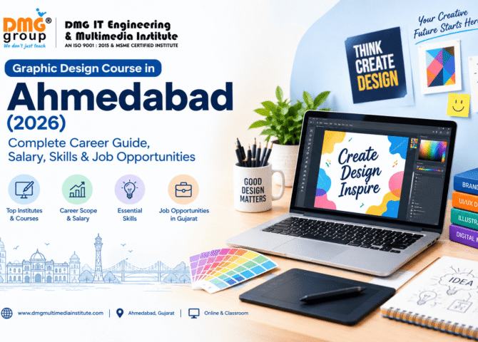 # Graphic Design Course in Ahmedabad (2026): Complete Career Guide, Salary, Skills & Job Opportunities ## Introduction Graphic design has become one of the most valuable creative skills in today's digital-first world. Businesses need professional visual content for websites, social media, advertisements, branding, packaging, presentations, mobile applications and online campaigns. As businesses increasingly depend on digital marketing, the demand for skilled graphic designers continues to create career opportunities for students, freshers, freelancers and working professionals. For students looking to build a creative career, a **Graphic Design Course in Ahmedabad** can provide a structured way to learn design principles, industry-standard software, digital design techniques and emerging AI-powered tools. Ahmedabad is one of the major commercial and educational cities **in Gujarat**, with businesses ranging from startups and advertising agencies to manufacturing companies, e-commerce brands, educational organizations and digital marketing agencies. This creates opportunities for graphic designers with strong creative and technical skills. This complete 2026 guide explains what you can learn in a graphic design course, career opportunities, salary expectations, essential skills, AI in graphic design, online and classroom learning options, and how to choose the right institute. --- ## What Is a Graphic Design Course? A graphic design course is a professional training program that teaches students how to communicate ideas, information and messages through visual content. It combines creativity with practical design skills. Students learn how to work with elements such as: * Typography * Colors * Images * Illustrations * Shapes * Layouts * Icons * Branding elements * Digital graphics A comprehensive course should not focus only on software. Understanding **design principles and visual communication** is equally important. Depending on the program, students may learn software such as Adobe Photoshop, Adobe Illustrator, Adobe InDesign, Canva and Figma, along with AI-powered creative tools. A modern **Graphic Design Training** program may also include practical assignments, branding projects, social media creatives, advertising designs, portfolio development and real-world design exercises. --- # Why Learn Graphic Design in Ahmedabad in 2026? The digital economy has changed how companies communicate with customers. A business may need dozens of visual assets every month, including Instagram posts, advertisements, website banners, brochures, product graphics, presentations and promotional campaigns. Ahmedabad has a diverse business environment that includes: * Startups * Digital marketing agencies * Advertising agencies * E-commerce businesses * IT companies * Educational institutions * Manufacturing companies * Real-estate businesses * Retail brands * Media organizations All of these industries can require visual communication. This makes **Graphic Design in Ahmedabad** a potential career choice for people who enjoy creativity and want to combine artistic thinking with technology. Another advantage is that graphic design is not limited to local employment. After developing a strong portfolio, designers can explore freelance projects, remote employment and clients from other cities or countries. --- # What Do You Learn in a Graphic Design Course? Before choosing a **Graphic Design School**, students should carefully examine the syllabus. A good course should provide a combination of design theory, software skills, practical assignments and portfolio development. ## 1. Design Fundamentals Design fundamentals are the foundation of professional graphic design. Students learn concepts such as: * Balance * Contrast * Alignment * Proximity * Repetition * Hierarchy * Composition * White space * Visual consistency These principles help designers create content that is attractive, organized and easy to understand. ## 2. Typography Typography is the art of arranging and presenting text. Students learn: * Font selection * Font pairing * Text hierarchy * Spacing * Readability * Alignment * Typography for branding Good typography can significantly improve the professionalism of a design. ## 3. Color Theory Color is an important part of visual communication. Students learn about: * Color combinations * Color harmony * Contrast * Brand colors * Color psychology * Digital and print color considerations Understanding color helps designers create consistent and visually effective designs. ## 4. Adobe Photoshop Photoshop is widely used for image editing and digital design. Students may learn: * Photo retouching * Image manipulation * Background removal * Compositing * Advertising creatives * Social media graphics * Digital artwork ## 5. Adobe Illustrator Illustrator is particularly useful for vector-based design. Students can learn to create: * Logos * Icons * Illustrations * Brand elements * Packaging graphics * Marketing artwork ## 6. Adobe InDesign InDesign is useful for multi-page and publication-based design. It can be used for: * Brochures * Magazines * Catalogues * Reports * Books * Corporate documents ## 7. Social Media Design Social media has created an enormous requirement for digital graphics. A practical course may teach students how to design: * Instagram posts * Instagram carousels * Facebook creatives * LinkedIn graphics * YouTube thumbnails * Digital advertisements * Promotional banners ## 8. Branding and Logo Design Branding is another important area of graphic design. Students can learn how to develop: * Logos * Color palettes * Typography systems * Brand guidelines * Business cards * Social media branding * Marketing materials --- # Graphic Design with AI Course: A New Skill for 2026 Artificial intelligence is becoming an important part of the creative industry. Designers can use AI to speed up certain parts of the creative process, generate ideas, create variations and assist with image editing. A **Graphic Design with AI Course** may introduce students to: * AI image generation * Generative editing * Background generation * Image enhancement * Creative ideation * AI-assisted layouts * Content variations * Automated design workflows * AI-assisted presentations * Prompt writing for creative tasks However, learning AI does not eliminate the need for fundamental design knowledge. A designer still needs to understand typography, composition, branding, color, audience, communication and visual hierarchy. The most useful combination for a modern designer is: **Design Fundamentals + Professional Software + Creativity + AI Skills + Portfolio** Students who understand how to use AI responsibly while maintaining human creative direction can potentially improve their productivity and adapt more easily to changing workflows. --- # How to Choose the Best Graphic Design Course in Ahmedabad There are many options available when searching for the **Best Graphic Design Course in Ahmedabad**. However, the most popular course is not automatically the right course for every student. Before enrolling, compare these factors. ## 1. Course Curriculum Check whether the syllabus includes both fundamentals and practical skills. A strong curriculum should cover more than basic software operation. ## 2. Practical Training Graphic design is a skill-based field. Watching tutorials is not enough. Students should get opportunities to create actual projects. For example: * Logo design * Poster design * Social media campaign * Brochure * Brand identity * Advertisement * Packaging concept * Digital banner * Portfolio project ## 3. Trainer Experience Look for trainers who understand real-world design requirements and can explain the reasoning behind design decisions. ## 4. Portfolio Development A certificate shows that you completed a course, but your portfolio demonstrates what you can actually do. Choose a program that provides enough practical work to develop a professional portfolio. ## 5. AI Integration In 2026, students should consider whether the course includes modern AI-assisted creative workflows. This is especially relevant for students interested in digital marketing, social media design and content creation. ## 6. Learning Mode Check whether the institute offers: * Classroom training * Online training * Hybrid training * Weekend batches * Flexible schedules The best option depends on your availability and preferred learning style. ## 7. Career Support If your objective is employment, check whether the institute provides services such as: * Resume guidance * Portfolio reviews * Interview preparation * Internship assistance * Job placement support * Career counselling Avoid selecting an institute solely because of a claim such as "100% placement." Instead, ask for clear information about the type of career support provided. --- # Top Graphic Design Institute in Ahmedabad: What Should You Look For? When searching for the **Top Graphic Design Institute in Ahmedabad**, students should compare institutes based on measurable factors rather than advertisements alone. Here is a useful comparison checklist: | Factor | What to Check | | -------------- | ----------------------------------------- | | Curriculum | Design fundamentals + practical software | | Projects | Real-world design assignments | | Faculty | Relevant industry and teaching experience | | Portfolio | Quality of student work | | AI | AI-assisted creative workflows | | Mode | Online, classroom or hybrid | | Duration | Suitable for your career objective | | Certification | Certificate details and recognition | | Career Support | Internship/job assistance | | Batch Timing | Compatible with your schedule | | Fees | Total cost and inclusions | This approach makes it easier to create your own **List of Graphic Design Institute** options and compare them objectively. --- # Graphic Design College vs Graphic Design Institute vs Graphic Design School Students often use terms such as **Graphic Design College**, **Graphic Design Institute** and **Graphic Design School** when searching for courses. Although the names may sound similar, the learning experience can be different. ### Graphic Design College A college or university program may offer a broader academic education. It can include design theory, communication, history and other related subjects. ### Graphic Design Institute A private institute may focus more on practical software skills and job-oriented training. ### Graphic Design School A design school may emphasize creative thinking, visual communication, design concepts and portfolio development. There is no single option that is best for everyone. Students should compare the **curriculum, faculty, practical projects, portfolio, duration, fees and career support** before making a decision. --- # Online Graphic Design Course vs Classroom Training One of the most common decisions students make is whether to join an **Online Graphic Design Course** or attend classroom training. ## Online Graphic Design Course Online learning can be suitable for: * Working professionals * Students with busy schedules * People living outside Ahmedabad * Freelancers * Learners who prefer flexible study Advantages may include: * Flexible learning * Learning from home * Recorded lessons in some programs * No daily travel * Ability to learn at a convenient pace The main challenge is maintaining consistency and getting adequate feedback. ## Classroom Graphic Design Training Classroom training can be useful for students who prefer: * Direct interaction with trainers * Immediate feedback * Structured classes * Practical demonstrations * Peer interaction * Regular assignments ### Which Is Better? There is no universal answer. If flexibility is your priority, online learning may be appropriate. If you are a beginner who wants direct guidance, classroom learning may be more comfortable. Some institutes provide **Online & Classroom** options, allowing students to choose a format based on their requirements. --- # Career Opportunities After Graphic Design Training A graphic design course can prepare students for several career paths. ## Graphic Designer Graphic designers create visual materials for companies, brands, agencies and organizations. ## Brand Designer Brand designers work on logos, visual identity systems, brand guidelines and marketing materials. ## Social Media Designer Social media designers create visual content for digital campaigns and social platforms. ## Advertising Designer Advertising designers develop creative visuals for marketing and promotional campaigns. ## Packaging Designer Packaging designers create the visual presentation of products and packaging materials. ## Illustrator Illustrators create custom artwork for digital and traditional applications. ## UI Designer Students interested in digital products can move toward UI design by learning interface design and tools such as Figma. ## Motion Graphics Designer Graphic designers can expand their skills into animation and motion graphics. ## Freelance Graphic Designer Freelancing provides an opportunity to work directly with businesses, agencies and individual clients. --- # Graphic Designer Salary in Ahmedabad in 2026 Graphic designer salaries vary based on experience, portfolio, specialization, employer, industry and technical skills. As a general career-planning reference, entry-level designers may start around the lower end of the market, while experienced designers and specialists can earn considerably more. An illustrative range may look like: | Experience | Indicative Monthly Salary | | ----------------- | ------------------------: | | Fresher | ₹15,000 – ₹30,000 | | 1–3 Years | ₹25,000 – ₹45,000 | | 3–5 Years | ₹40,000 – ₹70,000+ | | Senior/Specialist | ₹60,000 – ₹1,00,000+ | **Important:** These figures are indicative rather than guaranteed salaries. Actual compensation can differ significantly depending on the employer, portfolio, specialization, experience and location. Freelancers have a different earning structure because income depends on the number and value of projects, client relationships, specialization and business skills. --- # Skills Required to Become a Successful Graphic Designer Completing a course is only the beginning. Designers need several skills to build a long-term career. ### Creativity You should be able to develop multiple visual ideas for a communication problem. ### Visual Communication A good design should communicate a message clearly rather than simply look attractive. ### Typography Strong typography skills help create readable and professional designs. ### Color Knowledge Understanding color relationships helps create better visual systems. ### Software Skills You should become comfortable with the tools required for your chosen specialization. ### Attention to Detail Spacing, alignment, proportions, image quality and typography all matter. ### Communication Designers regularly communicate with clients, marketing teams and other professionals. ### Time Management Professional projects often involve deadlines and multiple revisions. ### Adaptability Design trends and technologies change quickly. Continuous learning is therefore important. --- # How to Build a Graphic Design Portfolio A portfolio is one of the most important career assets for a beginner. Instead of creating random designs, develop projects that demonstrate different skills. A beginner portfolio can include: 1. Logo design 2. Brand identity 3. Social media campaign 4. Poster 5. Brochure 6. Packaging concept 7. Digital advertisement 8. YouTube thumbnail 9. Website/UI concept 10. AI-assisted design project For every project, explain: * The design objective * Target audience * Creative concept * Tools used * Design decisions * Final outcome This makes your portfolio more professional and helps employers understand your thinking process. --- # Who Should Join a Graphic Design Course? A graphic design course can be suitable for: * 12th-pass students * College students * Fresh graduates * Job seekers * Working professionals * Digital marketers * Social media managers * Content creators * Entrepreneurs * Freelancers * Small-business owners You do not need to be an expert artist to start learning graphic design. However, you should be willing to practice regularly and develop your visual thinking. --- # Career Roadmap for Graphic Design Students in 2026 A beginner can follow this simple roadmap: **Step 1: Learn design fundamentals** Understand typography, color, composition and visual hierarchy. ↓ **Step 2: Learn design software** Develop practical skills in relevant professional tools. ↓ **Step 3: Practice regularly** Recreate design concepts and experiment with your own ideas. ↓ **Step 4: Complete practical projects** Create branding, advertising, social media and digital design projects. ↓ **Step 5: Learn AI-assisted design** Understand how AI can support ideation, editing and creative workflows. ↓ **Step 6: Build your portfolio** Show your strongest projects with explanations. ↓ **Step 7: Gain experience** Apply for internships, entry-level jobs or freelance projects. ↓ **Step 8: Choose a specialization** Consider branding, UI design, motion graphics, advertising, illustration or another area. --- # Is Graphic Design a Good Career in Gujarat? Graphic design can be a good career option for individuals who enjoy creativity, communication and technology. Across Gujarat, businesses need visual content for branding, advertising, digital marketing, e-commerce and communication. Ahmedabad, Surat, Vadodara, Rajkot and Gandhinagar have different business ecosystems where creative and digital skills can be useful. However, career success depends on more than completing a course. Strong skills, a good portfolio, practical experience, communication and continuous learning can make a significant difference. --- # Frequently Asked Questions About Graphic Design Courses in Ahmedabad ## 1. Which is the Best Graphic Design Course in Ahmedabad? The best course depends on your career goals, syllabus, practical training, faculty, portfolio development, learning format, fees and career support. Compare several programs before enrolling. ## 2. What is the duration of a Graphic Design Course? Duration varies depending on the institute and course level. Short-term programs may focus on specific skills, while comprehensive courses may run for several months. ## 3. Can beginners learn graphic design? Yes. Beginners can start with design fundamentals and gradually learn professional software and practical projects. ## 4. Is an Online Graphic Design Course good for beginners? Yes, provided the course offers structured lessons, assignments, trainer feedback and sufficient opportunities for practical work. ## 5. What software should I learn for graphic design? Common tools include Photoshop, Illustrator, InDesign, Canva and Figma. The exact tools depend on your intended specialization. ## 6. What is a Graphic Design with AI Course? It combines conventional graphic design skills with AI-assisted workflows for tasks such as ideation, image generation, editing and creative production. ## 7. Can I get a job after Graphic Design Training? A course can help develop job-relevant skills, but employment depends on your portfolio, practical ability, communication, experience and employer requirements. ## 8. Is graphic design a good career in Ahmedabad? Ahmedabad's diverse business environment creates opportunities for designers in advertising, digital marketing, branding, e-commerce, social media and other areas. ## 9. Should I choose a Graphic Design College or Institute? It depends on your goals. Compare the actual curriculum, practical training, faculty, portfolio opportunities, duration and fees rather than choosing based only on the name. ## 10. Can I work as a freelance graphic designer? Yes. Freelancers can provide services such as logo design, branding, social media graphics, advertisements, presentations and digital creatives. ## 11. Will AI replace graphic designers? AI is changing how designers work, but human creativity, design judgment, communication, brand understanding and strategic thinking remain important. Learning AI tools can help designers adapt to changing workflows. ## 12. What should I check before joining a Graphic Design School? Check the syllabus, faculty experience, software, practical projects, portfolio development, AI exposure, learning format, course fees, duration and career support. --- # Conclusion A **Graphic Design Course in Ahmedabad in 2026** can be a valuable starting point for students, freshers, professionals and aspiring freelancers who want to enter the creative and digital industry. When searching for the **Best Graphic Design Course in Ahmedabad** or comparing a **Top Graphic Design Institute in Ahmedabad**, look beyond advertisements and certificates. Focus on practical training, experienced trainers, industry-relevant software, design fundamentals, portfolio development and modern AI-assisted workflows. Whether you choose an **Online Graphic Design Course**, classroom **Graphic Design Training**, a **Graphic Design College**, or a specialized **Graphic Design School**, consistent practice and a strong portfolio are essential for building a successful career. For learners **in Ahmedabad** and across **Gujarat**, developing a combination of creative thinking, technical design skills and AI literacy can open opportunities in branding, advertising, social media, UI design, illustration, motion graphics, freelancing and other creative fields. **Start with the fundamentals, practice consistently, build a strong portfolio and keep learning as the design industry evolves.**