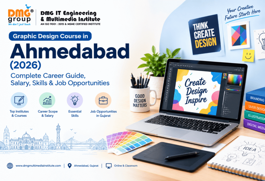 # Graphic Design Course in Ahmedabad (2026): Complete Career Guide, Salary, Skills & Job Opportunities ## Introduction Graphic design has become one of the most valuable creative skills in today's digital-first world. Businesses need professional visual content for websites, social media, advertisements, branding, packaging, presentations, mobile applications and online campaigns. As businesses increasingly depend on digital marketing, the demand for skilled graphic designers continues to create career opportunities for students, freshers, freelancers and working professionals. For students looking to build a creative career, a **Graphic Design Course in Ahmedabad** can provide a structured way to learn design principles, industry-standard software, digital design techniques and emerging AI-powered tools. Ahmedabad is one of the major commercial and educational cities **in Gujarat**, with businesses ranging from startups and advertising agencies to manufacturing companies, e-commerce brands, educational organizations and digital marketing agencies. This creates opportunities for graphic designers with strong creative and technical skills. This complete 2026 guide explains what you can learn in a graphic design course, career opportunities, salary expectations, essential skills, AI in graphic design, online and classroom learning options, and how to choose the right institute. --- ## What Is a Graphic Design Course? A graphic design course is a professional training program that teaches students how to communicate ideas, information and messages through visual content. It combines creativity with practical design skills. Students learn how to work with elements such as: * Typography * Colors * Images * Illustrations * Shapes * Layouts * Icons * Branding elements * Digital graphics A comprehensive course should not focus only on software. Understanding **design principles and visual communication** is equally important. Depending on the program, students may learn software such as Adobe Photoshop, Adobe Illustrator, Adobe InDesign, Canva and Figma, along with AI-powered creative tools. A modern **Graphic Design Training** program may also include practical assignments, branding projects, social media creatives, advertising designs, portfolio development and real-world design exercises. --- # Why Learn Graphic Design in Ahmedabad in 2026? The digital economy has changed how companies communicate with customers. A business may need dozens of visual assets every month, including Instagram posts, advertisements, website banners, brochures, product graphics, presentations and promotional campaigns. Ahmedabad has a diverse business environment that includes: * Startups * Digital marketing agencies * Advertising agencies * E-commerce businesses * IT companies * Educational institutions * Manufacturing companies * Real-estate businesses * Retail brands * Media organizations All of these industries can require visual communication. This makes **Graphic Design in Ahmedabad** a potential career choice for people who enjoy creativity and want to combine artistic thinking with technology. Another advantage is that graphic design is not limited to local employment. After developing a strong portfolio, designers can explore freelance projects, remote employment and clients from other cities or countries. --- # What Do You Learn in a Graphic Design Course? Before choosing a **Graphic Design School**, students should carefully examine the syllabus. A good course should provide a combination of design theory, software skills, practical assignments and portfolio development. ## 1. Design Fundamentals Design fundamentals are the foundation of professional graphic design. Students learn concepts such as: * Balance * Contrast * Alignment * Proximity * Repetition * Hierarchy * Composition * White space * Visual consistency These principles help designers create content that is attractive, organized and easy to understand. ## 2. Typography Typography is the art of arranging and presenting text. Students learn: * Font selection * Font pairing * Text hierarchy * Spacing * Readability * Alignment * Typography for branding Good typography can significantly improve the professionalism of a design. ## 3. Color Theory Color is an important part of visual communication. Students learn about: * Color combinations * Color harmony * Contrast * Brand colors * Color psychology * Digital and print color considerations Understanding color helps designers create consistent and visually effective designs. ## 4. Adobe Photoshop Photoshop is widely used for image editing and digital design. Students may learn: * Photo retouching * Image manipulation * Background removal * Compositing * Advertising creatives * Social media graphics * Digital artwork ## 5. Adobe Illustrator Illustrator is particularly useful for vector-based design. Students can learn to create: * Logos * Icons * Illustrations * Brand elements * Packaging graphics * Marketing artwork ## 6. Adobe InDesign InDesign is useful for multi-page and publication-based design. It can be used for: * Brochures * Magazines * Catalogues * Reports * Books * Corporate documents ## 7. Social Media Design Social media has created an enormous requirement for digital graphics. A practical course may teach students how to design: * Instagram posts * Instagram carousels * Facebook creatives * LinkedIn graphics * YouTube thumbnails * Digital advertisements * Promotional banners ## 8. Branding and Logo Design Branding is another important area of graphic design. Students can learn how to develop: * Logos * Color palettes * Typography systems * Brand guidelines * Business cards * Social media branding * Marketing materials --- # Graphic Design with AI Course: A New Skill for 2026 Artificial intelligence is becoming an important part of the creative industry. Designers can use AI to speed up certain parts of the creative process, generate ideas, create variations and assist with image editing. A **Graphic Design with AI Course** may introduce students to: * AI image generation * Generative editing * Background generation * Image enhancement * Creative ideation * AI-assisted layouts * Content variations * Automated design workflows * AI-assisted presentations * Prompt writing for creative tasks However, learning AI does not eliminate the need for fundamental design knowledge. A designer still needs to understand typography, composition, branding, color, audience, communication and visual hierarchy. The most useful combination for a modern designer is: **Design Fundamentals + Professional Software + Creativity + AI Skills + Portfolio** Students who understand how to use AI responsibly while maintaining human creative direction can potentially improve their productivity and adapt more easily to changing workflows. --- # How to Choose the Best Graphic Design Course in Ahmedabad There are many options available when searching for the **Best Graphic Design Course in Ahmedabad**. However, the most popular course is not automatically the right course for every student. Before enrolling, compare these factors. ## 1. Course Curriculum Check whether the syllabus includes both fundamentals and practical skills. A strong curriculum should cover more than basic software operation. ## 2. Practical Training Graphic design is a skill-based field. Watching tutorials is not enough. Students should get opportunities to create actual projects. For example: * Logo design * Poster design * Social media campaign * Brochure * Brand identity * Advertisement * Packaging concept * Digital banner * Portfolio project ## 3. Trainer Experience Look for trainers who understand real-world design requirements and can explain the reasoning behind design decisions. ## 4. Portfolio Development A certificate shows that you completed a course, but your portfolio demonstrates what you can actually do. Choose a program that provides enough practical work to develop a professional portfolio. ## 5. AI Integration In 2026, students should consider whether the course includes modern AI-assisted creative workflows. This is especially relevant for students interested in digital marketing, social media design and content creation. ## 6. Learning Mode Check whether the institute offers: * Classroom training * Online training * Hybrid training * Weekend batches * Flexible schedules The best option depends on your availability and preferred learning style. ## 7. Career Support If your objective is employment, check whether the institute provides services such as: * Resume guidance * Portfolio reviews * Interview preparation * Internship assistance * Job placement support * Career counselling Avoid selecting an institute solely because of a claim such as "100% placement." Instead, ask for clear information about the type of career support provided. --- # Top Graphic Design Institute in Ahmedabad: What Should You Look For? When searching for the **Top Graphic Design Institute in Ahmedabad**, students should compare institutes based on measurable factors rather than advertisements alone. Here is a useful comparison checklist: | Factor | What to Check | | -------------- | ----------------------------------------- | | Curriculum | Design fundamentals + practical software | | Projects | Real-world design assignments | | Faculty | Relevant industry and teaching experience | | Portfolio | Quality of student work | | AI | AI-assisted creative workflows | | Mode | Online, classroom or hybrid | | Duration | Suitable for your career objective | | Certification | Certificate details and recognition | | Career Support | Internship/job assistance | | Batch Timing | Compatible with your schedule | | Fees | Total cost and inclusions | This approach makes it easier to create your own **List of Graphic Design Institute** options and compare them objectively. --- # Graphic Design College vs Graphic Design Institute vs Graphic Design School Students often use terms such as **Graphic Design College**, **Graphic Design Institute** and **Graphic Design School** when searching for courses. Although the names may sound similar, the learning experience can be different. ### Graphic Design College A college or university program may offer a broader academic education. It can include design theory, communication, history and other related subjects. ### Graphic Design Institute A private institute may focus more on practical software skills and job-oriented training. ### Graphic Design School A design school may emphasize creative thinking, visual communication, design concepts and portfolio development. There is no single option that is best for everyone. Students should compare the **curriculum, faculty, practical projects, portfolio, duration, fees and career support** before making a decision. --- # Online Graphic Design Course vs Classroom Training One of the most common decisions students make is whether to join an **Online Graphic Design Course** or attend classroom training. ## Online Graphic Design Course Online learning can be suitable for: * Working professionals * Students with busy schedules * People living outside Ahmedabad * Freelancers * Learners who prefer flexible study Advantages may include: * Flexible learning * Learning from home * Recorded lessons in some programs * No daily travel * Ability to learn at a convenient pace The main challenge is maintaining consistency and getting adequate feedback. ## Classroom Graphic Design Training Classroom training can be useful for students who prefer: * Direct interaction with trainers * Immediate feedback * Structured classes * Practical demonstrations * Peer interaction * Regular assignments ### Which Is Better? There is no universal answer. If flexibility is your priority, online learning may be appropriate. If you are a beginner who wants direct guidance, classroom learning may be more comfortable. Some institutes provide **Online & Classroom** options, allowing students to choose a format based on their requirements. --- # Career Opportunities After Graphic Design Training A graphic design course can prepare students for several career paths. ## Graphic Designer Graphic designers create visual materials for companies, brands, agencies and organizations. ## Brand Designer Brand designers work on logos, visual identity systems, brand guidelines and marketing materials. ## Social Media Designer Social media designers create visual content for digital campaigns and social platforms. ## Advertising Designer Advertising designers develop creative visuals for marketing and promotional campaigns. ## Packaging Designer Packaging designers create the visual presentation of products and packaging materials. ## Illustrator Illustrators create custom artwork for digital and traditional applications. ## UI Designer Students interested in digital products can move toward UI design by learning interface design and tools such as Figma. ## Motion Graphics Designer Graphic designers can expand their skills into animation and motion graphics. ## Freelance Graphic Designer Freelancing provides an opportunity to work directly with businesses, agencies and individual clients. --- # Graphic Designer Salary in Ahmedabad in 2026 Graphic designer salaries vary based on experience, portfolio, specialization, employer, industry and technical skills. As a general career-planning reference, entry-level designers may start around the lower end of the market, while experienced designers and specialists can earn considerably more. An illustrative range may look like: | Experience | Indicative Monthly Salary | | ----------------- | ------------------------: | | Fresher | ₹15,000 – ₹30,000 | | 1–3 Years | ₹25,000 – ₹45,000 | | 3–5 Years | ₹40,000 – ₹70,000+ | | Senior/Specialist | ₹60,000 – ₹1,00,000+ | **Important:** These figures are indicative rather than guaranteed salaries. Actual compensation can differ significantly depending on the employer, portfolio, specialization, experience and location. Freelancers have a different earning structure because income depends on the number and value of projects, client relationships, specialization and business skills. --- # Skills Required to Become a Successful Graphic Designer Completing a course is only the beginning. Designers need several skills to build a long-term career. ### Creativity You should be able to develop multiple visual ideas for a communication problem. ### Visual Communication A good design should communicate a message clearly rather than simply look attractive. ### Typography Strong typography skills help create readable and professional designs. ### Color Knowledge Understanding color relationships helps create better visual systems. ### Software Skills You should become comfortable with the tools required for your chosen specialization. ### Attention to Detail Spacing, alignment, proportions, image quality and typography all matter. ### Communication Designers regularly communicate with clients, marketing teams and other professionals. ### Time Management Professional projects often involve deadlines and multiple revisions. ### Adaptability Design trends and technologies change quickly. Continuous learning is therefore important. --- # How to Build a Graphic Design Portfolio A portfolio is one of the most important career assets for a beginner. Instead of creating random designs, develop projects that demonstrate different skills. A beginner portfolio can include: 1. Logo design 2. Brand identity 3. Social media campaign 4. Poster 5. Brochure 6. Packaging concept 7. Digital advertisement 8. YouTube thumbnail 9. Website/UI concept 10. AI-assisted design project For every project, explain: * The design objective * Target audience * Creative concept * Tools used * Design decisions * Final outcome This makes your portfolio more professional and helps employers understand your thinking process. --- # Who Should Join a Graphic Design Course? A graphic design course can be suitable for: * 12th-pass students * College students * Fresh graduates * Job seekers * Working professionals * Digital marketers * Social media managers * Content creators * Entrepreneurs * Freelancers * Small-business owners You do not need to be an expert artist to start learning graphic design. However, you should be willing to practice regularly and develop your visual thinking. --- # Career Roadmap for Graphic Design Students in 2026 A beginner can follow this simple roadmap: **Step 1: Learn design fundamentals** Understand typography, color, composition and visual hierarchy. ↓ **Step 2: Learn design software** Develop practical skills in relevant professional tools. ↓ **Step 3: Practice regularly** Recreate design concepts and experiment with your own ideas. ↓ **Step 4: Complete practical projects** Create branding, advertising, social media and digital design projects. ↓ **Step 5: Learn AI-assisted design** Understand how AI can support ideation, editing and creative workflows. ↓ **Step 6: Build your portfolio** Show your strongest projects with explanations. ↓ **Step 7: Gain experience** Apply for internships, entry-level jobs or freelance projects. ↓ **Step 8: Choose a specialization** Consider branding, UI design, motion graphics, advertising, illustration or another area. --- # Is Graphic Design a Good Career in Gujarat? Graphic design can be a good career option for individuals who enjoy creativity, communication and technology. Across Gujarat, businesses need visual content for branding, advertising, digital marketing, e-commerce and communication. Ahmedabad, Surat, Vadodara, Rajkot and Gandhinagar have different business ecosystems where creative and digital skills can be useful. However, career success depends on more than completing a course. Strong skills, a good portfolio, practical experience, communication and continuous learning can make a significant difference. --- # Frequently Asked Questions About Graphic Design Courses in Ahmedabad ## 1. Which is the Best Graphic Design Course in Ahmedabad? The best course depends on your career goals, syllabus, practical training, faculty, portfolio development, learning format, fees and career support. Compare several programs before enrolling. ## 2. What is the duration of a Graphic Design Course? Duration varies depending on the institute and course level. Short-term programs may focus on specific skills, while comprehensive courses may run for several months. ## 3. Can beginners learn graphic design? Yes. Beginners can start with design fundamentals and gradually learn professional software and practical projects. ## 4. Is an Online Graphic Design Course good for beginners? Yes, provided the course offers structured lessons, assignments, trainer feedback and sufficient opportunities for practical work. ## 5. What software should I learn for graphic design? Common tools include Photoshop, Illustrator, InDesign, Canva and Figma. The exact tools depend on your intended specialization. ## 6. What is a Graphic Design with AI Course? It combines conventional graphic design skills with AI-assisted workflows for tasks such as ideation, image generation, editing and creative production. ## 7. Can I get a job after Graphic Design Training? A course can help develop job-relevant skills, but employment depends on your portfolio, practical ability, communication, experience and employer requirements. ## 8. Is graphic design a good career in Ahmedabad? Ahmedabad's diverse business environment creates opportunities for designers in advertising, digital marketing, branding, e-commerce, social media and other areas. ## 9. Should I choose a Graphic Design College or Institute? It depends on your goals. Compare the actual curriculum, practical training, faculty, portfolio opportunities, duration and fees rather than choosing based only on the name. ## 10. Can I work as a freelance graphic designer? Yes. Freelancers can provide services such as logo design, branding, social media graphics, advertisements, presentations and digital creatives. ## 11. Will AI replace graphic designers? AI is changing how designers work, but human creativity, design judgment, communication, brand understanding and strategic thinking remain important. Learning AI tools can help designers adapt to changing workflows. ## 12. What should I check before joining a Graphic Design School? Check the syllabus, faculty experience, software, practical projects, portfolio development, AI exposure, learning format, course fees, duration and career support. --- # Conclusion A **Graphic Design Course in Ahmedabad in 2026** can be a valuable starting point for students, freshers, professionals and aspiring freelancers who want to enter the creative and digital industry. When searching for the **Best Graphic Design Course in Ahmedabad** or comparing a **Top Graphic Design Institute in Ahmedabad**, look beyond advertisements and certificates. Focus on practical training, experienced trainers, industry-relevant software, design fundamentals, portfolio development and modern AI-assisted workflows. Whether you choose an **Online Graphic Design Course**, classroom **Graphic Design Training**, a **Graphic Design College**, or a specialized **Graphic Design School**, consistent practice and a strong portfolio are essential for building a successful career. For learners **in Ahmedabad** and across **Gujarat**, developing a combination of creative thinking, technical design skills and AI literacy can open opportunities in branding, advertising, social media, UI design, illustration, motion graphics, freelancing and other creative fields. **Start with the fundamentals, practice consistently, build a strong portfolio and keep learning as the design industry evolves.**