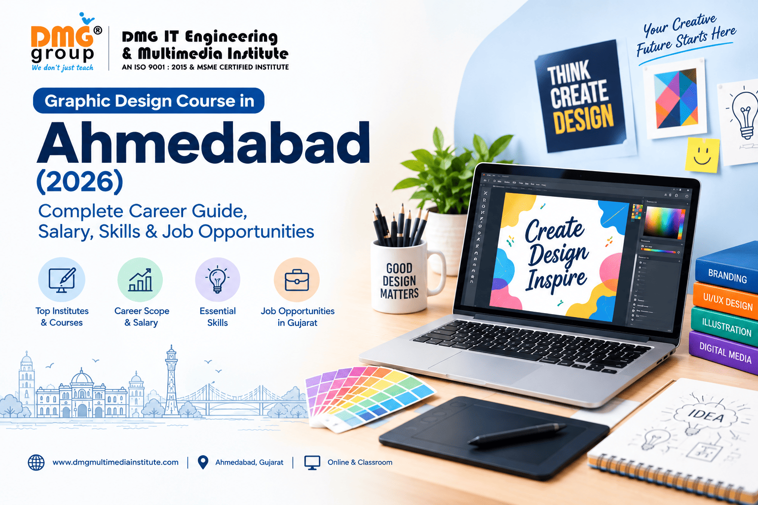 # Graphic Design Course in Ahmedabad (2026): Complete Career Guide, Salary, Skills & Job Opportunities ## Introduction Graphic design has become one of the most valuable creative skills in today's digital-first world. Businesses need professional visual content for websites, social media, advertisements, branding, packaging, presentations, mobile applications and online campaigns. As businesses increasingly depend on digital marketing, the demand for skilled graphic designers continues to create career opportunities for students, freshers, freelancers and working professionals. For students looking to build a creative career, a **Graphic Design Course in Ahmedabad** can provide a structured way to learn design principles, industry-standard software, digital design techniques and emerging AI-powered tools. Ahmedabad is one of the major commercial and educational cities **in Gujarat**, with businesses ranging from startups and advertising agencies to manufacturing companies, e-commerce brands, educational organizations and digital marketing agencies. This creates opportunities for graphic designers with strong creative and technical skills. This complete 2026 guide explains what you can learn in a graphic design course, career opportunities, salary expectations, essential skills, AI in graphic design, online and classroom learning options, and how to choose the right institute. --- ## What Is a Graphic Design Course? A graphic design course is a professional training program that teaches students how to communicate ideas, information and messages through visual content. It combines creativity with practical design skills. Students learn how to work with elements such as: * Typography * Colors * Images * Illustrations * Shapes * Layouts * Icons * Branding elements * Digital graphics A comprehensive course should not focus only on software. Understanding **design principles and visual communication** is equally important. Depending on the program, students may learn software such as Adobe Photoshop, Adobe Illustrator, Adobe InDesign, Canva and Figma, along with AI-powered creative tools. A modern **Graphic Design Training** program may also include practical assignments, branding projects, social media creatives, advertising designs, portfolio development and real-world design exercises. --- # Why Learn Graphic Design in Ahmedabad in 2026? The digital economy has changed how companies communicate with customers. A business may need dozens of visual assets every month, including Instagram posts, advertisements, website banners, brochures, product graphics, presentations and promotional campaigns. Ahmedabad has a diverse business environment that includes: * Startups * Digital marketing agencies * Advertising agencies * E-commerce businesses * IT companies * Educational institutions * Manufacturing companies * Real-estate businesses * Retail brands * Media organizations All of these industries can require visual communication. This makes **Graphic Design in Ahmedabad** a potential career choice for people who enjoy creativity and want to combine artistic thinking with technology. Another advantage is that graphic design is not limited to local employment. After developing a strong portfolio, designers can explore freelance projects, remote employment and clients from other cities or countries. --- # What Do You Learn in a Graphic Design Course? Before choosing a **Graphic Design School**, students should carefully examine the syllabus. A good course should provide a combination of design theory, software skills, practical assignments and portfolio development. ## 1. Design Fundamentals Design fundamentals are the foundation of professional graphic design. Students learn concepts such as: * Balance * Contrast * Alignment * Proximity * Repetition * Hierarchy * Composition * White space * Visual consistency These principles help designers create content that is attractive, organized and easy to understand. ## 2. Typography Typography is the art of arranging and presenting text. Students learn: * Font selection * Font pairing * Text hierarchy * Spacing * Readability * Alignment * Typography for branding Good typography can significantly improve the professionalism of a design. ## 3. Color Theory Color is an important part of visual communication. Students learn about: * Color combinations * Color harmony * Contrast * Brand colors * Color psychology * Digital and print color considerations Understanding color helps designers create consistent and visually effective designs. ## 4. Adobe Photoshop Photoshop is widely used for image editing and digital design. Students may learn: * Photo retouching * Image manipulation * Background removal * Compositing * Advertising creatives * Social media graphics * Digital artwork ## 5. Adobe Illustrator Illustrator is particularly useful for vector-based design. Students can learn to create: * Logos * Icons * Illustrations * Brand elements * Packaging graphics * Marketing artwork ## 6. Adobe InDesign InDesign is useful for multi-page and publication-based design. It can be used for: * Brochures * Magazines * Catalogues * Reports * Books * Corporate documents ## 7. Social Media Design Social media has created an enormous requirement for digital graphics. A practical course may teach students how to design: * Instagram posts * Instagram carousels * Facebook creatives * LinkedIn graphics * YouTube thumbnails * Digital advertisements * Promotional banners ## 8. Branding and Logo Design Branding is another important area of graphic design. Students can learn how to develop: * Logos * Color palettes * Typography systems * Brand guidelines * Business cards * Social media branding * Marketing materials --- # Graphic Design with AI Course: A New Skill for 2026 Artificial intelligence is becoming an important part of the creative industry. Designers can use AI to speed up certain parts of the creative process, generate ideas, create variations and assist with image editing. A **Graphic Design with AI Course** may introduce students to: * AI image generation * Generative editing * Background generation * Image enhancement * Creative ideation * AI-assisted layouts * Content variations * Automated design workflows * AI-assisted presentations * Prompt writing for creative tasks However, learning AI does not eliminate the need for fundamental design knowledge. A designer still needs to understand typography, composition, branding, color, audience, communication and visual hierarchy. The most useful combination for a modern designer is: **Design Fundamentals + Professional Software + Creativity + AI Skills + Portfolio** Students who understand how to use AI responsibly while maintaining human creative direction can potentially improve their productivity and adapt more easily to changing workflows. --- # How to Choose the Best Graphic Design Course in Ahmedabad There are many options available when searching for the **Best Graphic Design Course in Ahmedabad**. However, the most popular course is not automatically the right course for every student. Before enrolling, compare these factors. ## 1. Course Curriculum Check whether the syllabus includes both fundamentals and practical skills. A strong curriculum should cover more than basic software operation. ## 2. Practical Training Graphic design is a skill-based field. Watching tutorials is not enough. Students should get opportunities to create actual projects. For example: * Logo design * Poster design * Social media campaign * Brochure * Brand identity * Advertisement * Packaging concept * Digital banner * Portfolio project ## 3. Trainer Experience Look for trainers who understand real-world design requirements and can explain the reasoning behind design decisions. ## 4. Portfolio Development A certificate shows that you completed a course, but your portfolio demonstrates what you can actually do. Choose a program that provides enough practical work to develop a professional portfolio. ## 5. AI Integration In 2026, students should consider whether the course includes modern AI-assisted creative workflows. This is especially relevant for students interested in digital marketing, social media design and content creation. ## 6. Learning Mode Check whether the institute offers: * Classroom training * Online training * Hybrid training * Weekend batches * Flexible schedules The best option depends on your availability and preferred learning style. ## 7. Career Support If your objective is employment, check whether the institute provides services such as: * Resume guidance * Portfolio reviews * Interview preparation * Internship assistance * Job placement support * Career counselling Avoid selecting an institute solely because of a claim such as "100% placement." Instead, ask for clear information about the type of career support provided. --- # Top Graphic Design Institute in Ahmedabad: What Should You Look For? When searching for the **Top Graphic Design Institute in Ahmedabad**, students should compare institutes based on measurable factors rather than advertisements alone. Here is a useful comparison checklist: | Factor | What to Check | | -------------- | ----------------------------------------- | | Curriculum | Design fundamentals + practical software | | Projects | Real-world design assignments | | Faculty | Relevant industry and teaching experience | | Portfolio | Quality of student work | | AI | AI-assisted creative workflows | | Mode | Online, classroom or hybrid | | Duration | Suitable for your career objective | | Certification | Certificate details and recognition | | Career Support | Internship/job assistance | | Batch Timing | Compatible with your schedule | | Fees | Total cost and inclusions | This approach makes it easier to create your own **List of Graphic Design Institute** options and compare them objectively. --- # Graphic Design College vs Graphic Design Institute vs Graphic Design School Students often use terms such as **Graphic Design College**, **Graphic Design Institute** and **Graphic Design School** when searching for courses. Although the names may sound similar, the learning experience can be different. ### Graphic Design College A college or university program may offer a broader academic education. It can include design theory, communication, history and other related subjects. ### Graphic Design Institute A private institute may focus more on practical software skills and job-oriented training. ### Graphic Design School A design school may emphasize creative thinking, visual communication, design concepts and portfolio development. There is no single option that is best for everyone. Students should compare the **curriculum, faculty, practical projects, portfolio, duration, fees and career support** before making a decision. --- # Online Graphic Design Course vs Classroom Training One of the most common decisions students make is whether to join an **Online Graphic Design Course** or attend classroom training. ## Online Graphic Design Course Online learning can be suitable for: * Working professionals * Students with busy schedules * People living outside Ahmedabad * Freelancers * Learners who prefer flexible study Advantages may include: * Flexible learning * Learning from home * Recorded lessons in some programs * No daily travel * Ability to learn at a convenient pace The main challenge is maintaining consistency and getting adequate feedback. ## Classroom Graphic Design Training Classroom training can be useful for students who prefer: * Direct interaction with trainers * Immediate feedback * Structured classes * Practical demonstrations * Peer interaction * Regular assignments ### Which Is Better? There is no universal answer. If flexibility is your priority, online learning may be appropriate. If you are a beginner who wants direct guidance, classroom learning may be more comfortable. Some institutes provide **Online & Classroom** options, allowing students to choose a format based on their requirements. --- # Career Opportunities After Graphic Design Training A graphic design course can prepare students for several career paths. ## Graphic Designer Graphic designers create visual materials for companies, brands, agencies and organizations. ## Brand Designer Brand designers work on logos, visual identity systems, brand guidelines and marketing materials. ## Social Media Designer Social media designers create visual content for digital campaigns and social platforms. ## Advertising Designer Advertising designers develop creative visuals for marketing and promotional campaigns. ## Packaging Designer Packaging designers create the visual presentation of products and packaging materials. ## Illustrator Illustrators create custom artwork for digital and traditional applications. ## UI Designer Students interested in digital products can move toward UI design by learning interface design and tools such as Figma. ## Motion Graphics Designer Graphic designers can expand their skills into animation and motion graphics. ## Freelance Graphic Designer Freelancing provides an opportunity to work directly with businesses, agencies and individual clients. --- # Graphic Designer Salary in Ahmedabad in 2026 Graphic designer salaries vary based on experience, portfolio, specialization, employer, industry and technical skills. As a general career-planning reference, entry-level designers may start around the lower end of the market, while experienced designers and specialists can earn considerably more. An illustrative range may look like: | Experience | Indicative Monthly Salary | | ----------------- | ------------------------: | | Fresher | ₹15,000 – ₹30,000 | | 1–3 Years | ₹25,000 – ₹45,000 | | 3–5 Years | ₹40,000 – ₹70,000+ | | Senior/Specialist | ₹60,000 – ₹1,00,000+ | **Important:** These figures are indicative rather than guaranteed salaries. Actual compensation can differ significantly depending on the employer, portfolio, specialization, experience and location. Freelancers have a different earning structure because income depends on the number and value of projects, client relationships, specialization and business skills. --- # Skills Required to Become a Successful Graphic Designer Completing a course is only the beginning. Designers need several skills to build a long-term career. ### Creativity You should be able to develop multiple visual ideas for a communication problem. ### Visual Communication A good design should communicate a message clearly rather than simply look attractive. ### Typography Strong typography skills help create readable and professional designs. ### Color Knowledge Understanding color relationships helps create better visual systems. ### Software Skills You should become comfortable with the tools required for your chosen specialization. ### Attention to Detail Spacing, alignment, proportions, image quality and typography all matter. ### Communication Designers regularly communicate with clients, marketing teams and other professionals. ### Time Management Professional projects often involve deadlines and multiple revisions. ### Adaptability Design trends and technologies change quickly. Continuous learning is therefore important. --- # How to Build a Graphic Design Portfolio A portfolio is one of the most important career assets for a beginner. Instead of creating random designs, develop projects that demonstrate different skills. A beginner portfolio can include: 1. Logo design 2. Brand identity 3. Social media campaign 4. Poster 5. Brochure 6. Packaging concept 7. Digital advertisement 8. YouTube thumbnail 9. Website/UI concept 10. AI-assisted design project For every project, explain: * The design objective * Target audience * Creative concept * Tools used * Design decisions * Final outcome This makes your portfolio more professional and helps employers understand your thinking process. --- # Who Should Join a Graphic Design Course? A graphic design course can be suitable for: * 12th-pass students * College students * Fresh graduates * Job seekers * Working professionals * Digital marketers * Social media managers * Content creators * Entrepreneurs * Freelancers * Small-business owners You do not need to be an expert artist to start learning graphic design. However, you should be willing to practice regularly and develop your visual thinking. --- # Career Roadmap for Graphic Design Students in 2026 A beginner can follow this simple roadmap: **Step 1: Learn design fundamentals** Understand typography, color, composition and visual hierarchy. ↓ **Step 2: Learn design software** Develop practical skills in relevant professional tools. ↓ **Step 3: Practice regularly** Recreate design concepts and experiment with your own ideas. ↓ **Step 4: Complete practical projects** Create branding, advertising, social media and digital design projects. ↓ **Step 5: Learn AI-assisted design** Understand how AI can support ideation, editing and creative workflows. ↓ **Step 6: Build your portfolio** Show your strongest projects with explanations. ↓ **Step 7: Gain experience** Apply for internships, entry-level jobs or freelance projects. ↓ **Step 8: Choose a specialization** Consider branding, UI design, motion graphics, advertising, illustration or another area. --- # Is Graphic Design a Good Career in Gujarat? Graphic design can be a good career option for individuals who enjoy creativity, communication and technology. Across Gujarat, businesses need visual content for branding, advertising, digital marketing, e-commerce and communication. Ahmedabad, Surat, Vadodara, Rajkot and Gandhinagar have different business ecosystems where creative and digital skills can be useful. However, career success depends on more than completing a course. Strong skills, a good portfolio, practical experience, communication and continuous learning can make a significant difference. --- # Frequently Asked Questions About Graphic Design Courses in Ahmedabad ## 1. Which is the Best Graphic Design Course in Ahmedabad? The best course depends on your career goals, syllabus, practical training, faculty, portfolio development, learning format, fees and career support. Compare several programs before enrolling. ## 2. What is the duration of a Graphic Design Course? Duration varies depending on the institute and course level. Short-term programs may focus on specific skills, while comprehensive courses may run for several months. ## 3. Can beginners learn graphic design? Yes. Beginners can start with design fundamentals and gradually learn professional software and practical projects. ## 4. Is an Online Graphic Design Course good for beginners? Yes, provided the course offers structured lessons, assignments, trainer feedback and sufficient opportunities for practical work. ## 5. What software should I learn for graphic design? Common tools include Photoshop, Illustrator, InDesign, Canva and Figma. The exact tools depend on your intended specialization. ## 6. What is a Graphic Design with AI Course? It combines conventional graphic design skills with AI-assisted workflows for tasks such as ideation, image generation, editing and creative production. ## 7. Can I get a job after Graphic Design Training? A course can help develop job-relevant skills, but employment depends on your portfolio, practical ability, communication, experience and employer requirements. ## 8. Is graphic design a good career in Ahmedabad? Ahmedabad's diverse business environment creates opportunities for designers in advertising, digital marketing, branding, e-commerce, social media and other areas. ## 9. Should I choose a Graphic Design College or Institute? It depends on your goals. Compare the actual curriculum, practical training, faculty, portfolio opportunities, duration and fees rather than choosing based only on the name. ## 10. Can I work as a freelance graphic designer? Yes. Freelancers can provide services such as logo design, branding, social media graphics, advertisements, presentations and digital creatives. ## 11. Will AI replace graphic designers? AI is changing how designers work, but human creativity, design judgment, communication, brand understanding and strategic thinking remain important. Learning AI tools can help designers adapt to changing workflows. ## 12. What should I check before joining a Graphic Design School? Check the syllabus, faculty experience, software, practical projects, portfolio development, AI exposure, learning format, course fees, duration and career support. --- # Conclusion A **Graphic Design Course in Ahmedabad in 2026** can be a valuable starting point for students, freshers, professionals and aspiring freelancers who want to enter the creative and digital industry. When searching for the **Best Graphic Design Course in Ahmedabad** or comparing a **Top Graphic Design Institute in Ahmedabad**, look beyond advertisements and certificates. Focus on practical training, experienced trainers, industry-relevant software, design fundamentals, portfolio development and modern AI-assisted workflows. Whether you choose an **Online Graphic Design Course**, classroom **Graphic Design Training**, a **Graphic Design College**, or a specialized **Graphic Design School**, consistent practice and a strong portfolio are essential for building a successful career. For learners **in Ahmedabad** and across **Gujarat**, developing a combination of creative thinking, technical design skills and AI literacy can open opportunities in branding, advertising, social media, UI design, illustration, motion graphics, freelancing and other creative fields. **Start with the fundamentals, practice consistently, build a strong portfolio and keep learning as the design industry evolves.**